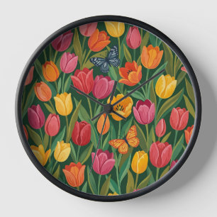 Abstrakter Tulpen-Garten-Schmetterlinge-Kunst-Uhr Uhr