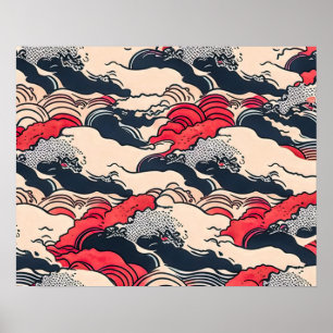 Abstrakter Vintager Ozean Waves Japanische Stilkun Poster