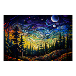 Abstrakter Waldbaum Sonnenuntergang Landschaft Poster