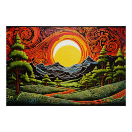 Abstrakter Waldbaum Sonnenuntergang Landschaft Poster