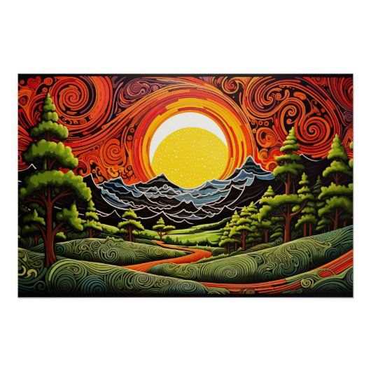 Abstrakter Waldbaum Sonnenuntergang Landschaft Poster (Vorderseite)