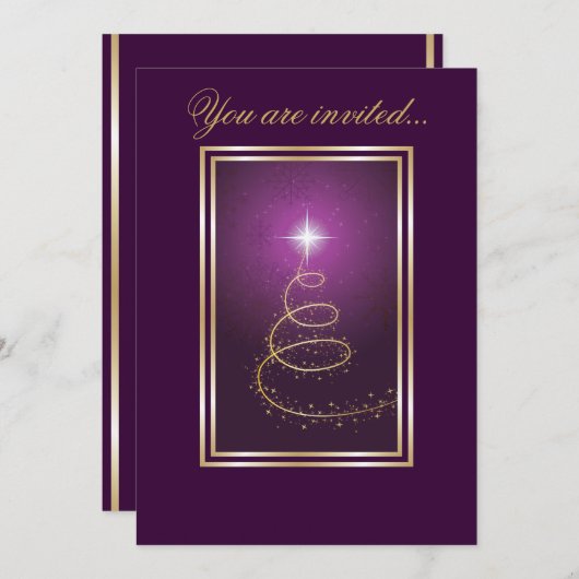 Abstrakter Weihnachtsbaum strahlt lila Einladung (Vorne/Hinten)