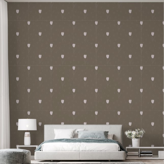 Abstrakter weißer Tulip und Herz auf Earthy Brown Tapete (Schlafzimmer)