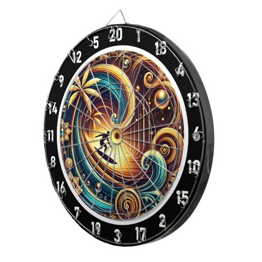 Abstrakter Wellenreiter mit Sonnenuntergang Dartscheibe (Vorderseite rechts)