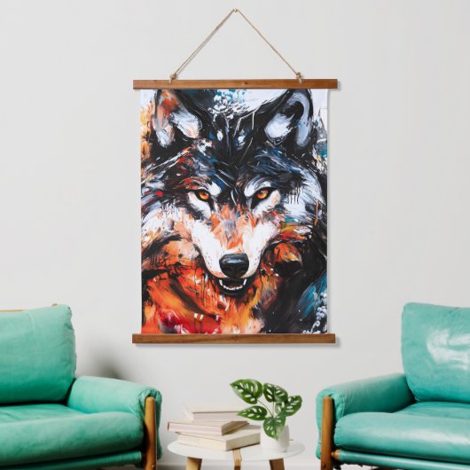 Abstrakter wilder Wolf-Geist Wandteppich Mit Holzrahmen (Wohnzimmer)