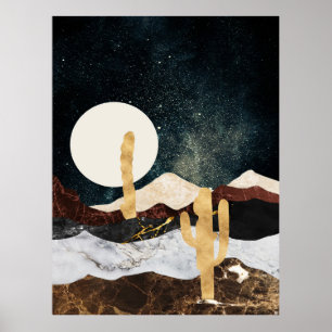 Abstrakter Wüstennächteloch mit Goldener Kaktus Poster