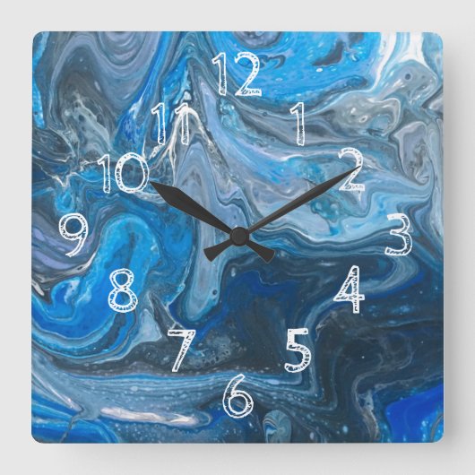 Abstraktes Acrylblau, weiß, Marine Quadratische Wanduhr (Vorderseite)