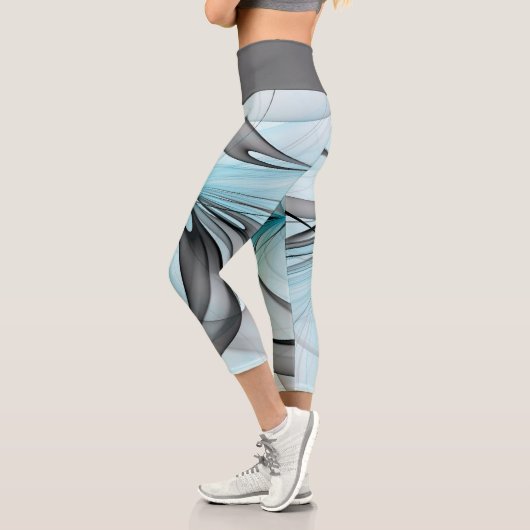 Abstraktes Anthracite Grau Blau Modernes Fraktal K Capri Leggings (Links)