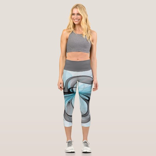 Abstraktes Anthracite Grau Blau Modernes Fraktal K Capri Leggings (Vorderseite)