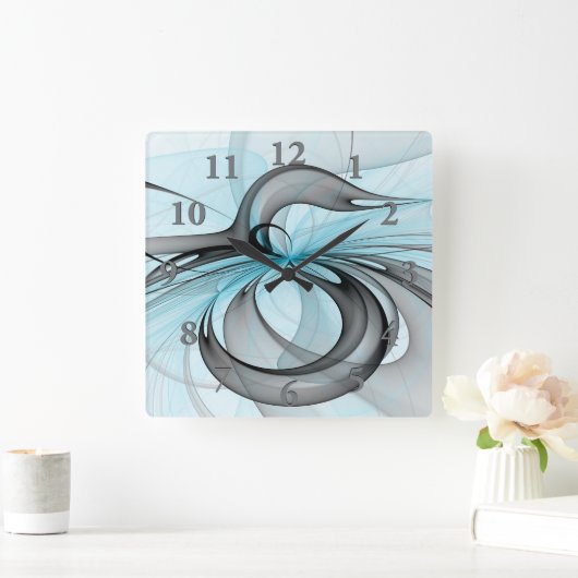 Abstraktes Anthracite Grau Blau Modernes Fraktal K Quadratische Wanduhr (Zuhause)