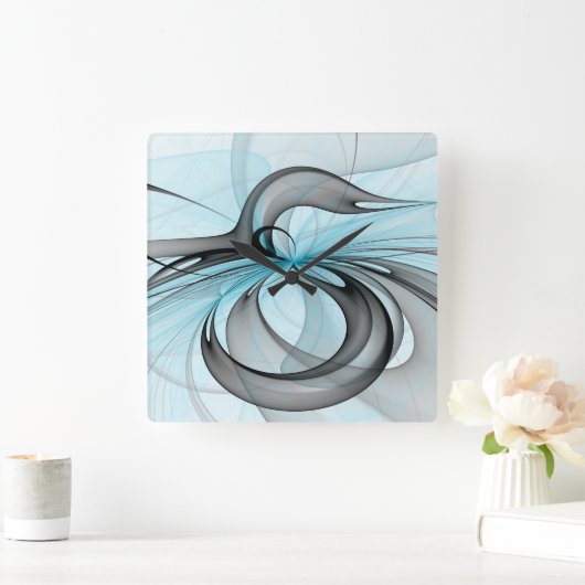 Abstraktes Anthracite Grau Blau Modernes Fraktal K Quadratische Wanduhr (Zuhause)