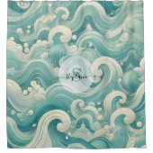 Abstraktes Aqua Blue & White Wave - Moderne Fluid  Duschvorhang (Vorderseite)
