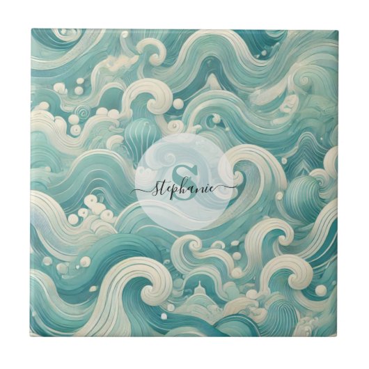 Abstraktes Aqua Blue & White Wave - Moderne Fluid Fliese (Vorderseite)