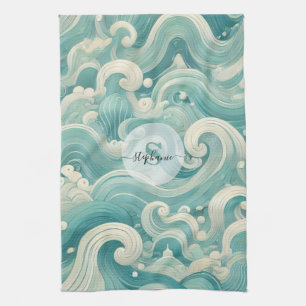 Abstraktes Aqua Blue & White Wave - Moderne Fluid  Geschirrtuch