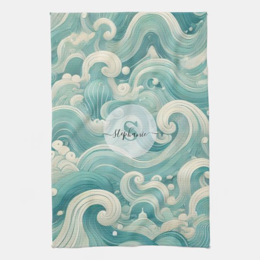 Abstraktes Aqua Blue & White Wave - Moderne Fluid  Geschirrtuch (Vertikal)