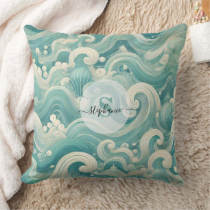 Abstraktes Aqua Blue & White Wave - Moderne Fluid Kissen