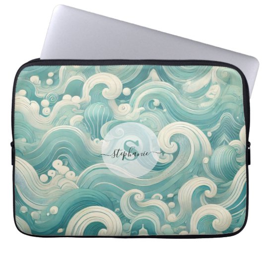 Abstraktes Aqua Blue & White Wave - Moderne Fluid Laptopschutzhülle (Vorderseite)
