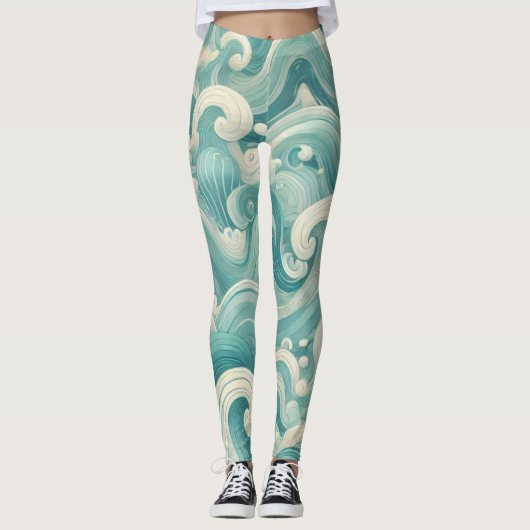 Abstraktes Aqua Blue & White Wave - Moderne Fluid Leggings (Vorderseite)
