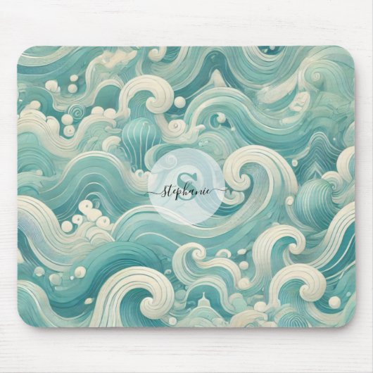 Abstraktes Aqua Blue & White Wave - Moderne Fluid  Mousepad (Vorne)