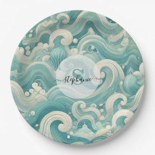 Abstraktes Aqua Blue & White Wave - Moderne Fluid Pappteller