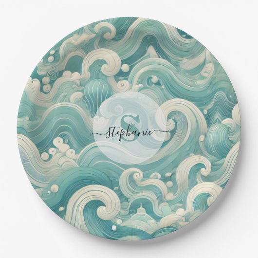 Abstraktes Aqua Blue & White Wave - Moderne Fluid Pappteller (Vorderseite)
