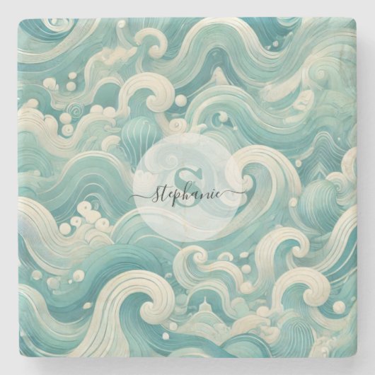 Abstraktes Aqua Blue & White Wave - Moderne Fluid Steinuntersetzer (Vorderseite)