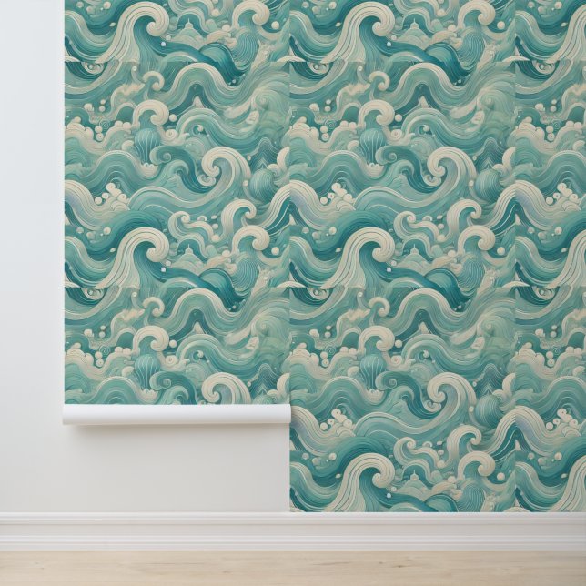 Abstraktes Aqua Blue & White Wave - Moderne Fluid  Tapete (Anwendung)