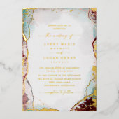 Abstraktes Aqua Red Wedding Real Gold Folieneinladung (Vorderseite)