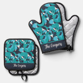 Abstraktes Aquamarin- und Navy-Circle-Thema Ofenhandschuh & Topflappen-Set (Vorderseite/Rückseite)