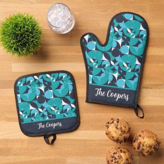 Abstraktes Aquamarin- und Navy-Circle-Thema Ofenhandschuh & Topflappen-Set (Oben Unten)