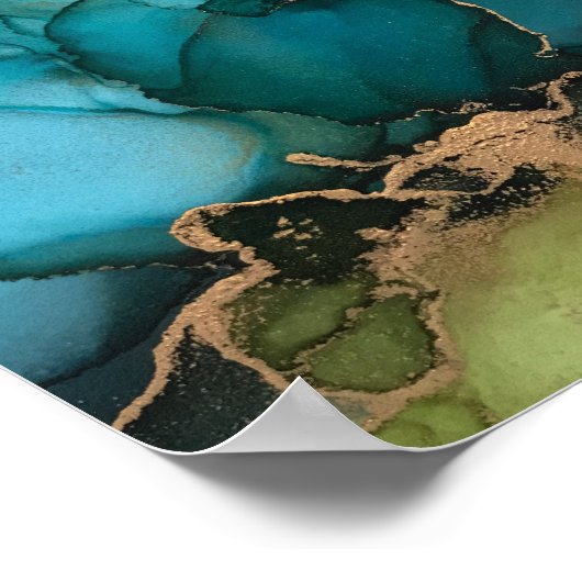 Abstraktes Aquamarines Aqua Green Black Gold Poster (Ecke)