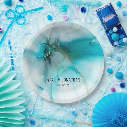 Abstraktes Aquamarines und Imitat-Hochzeitsplatte Pappteller (Party)
