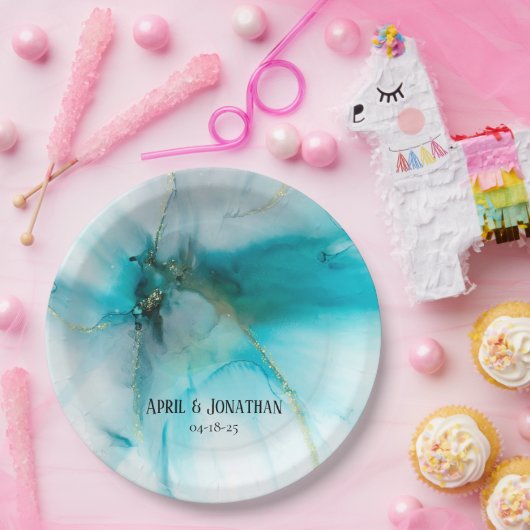 Abstraktes Aquamarines und Imitat-Hochzeitsplatte Pappteller (Party)