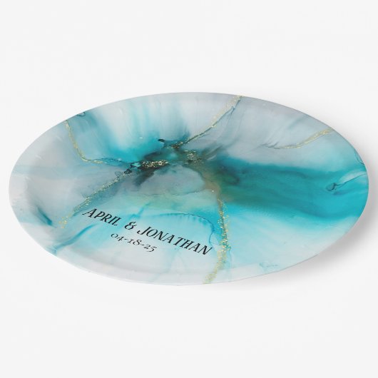 Abstraktes Aquamarines und Imitat-Hochzeitsplatte Pappteller (Schrägansicht)