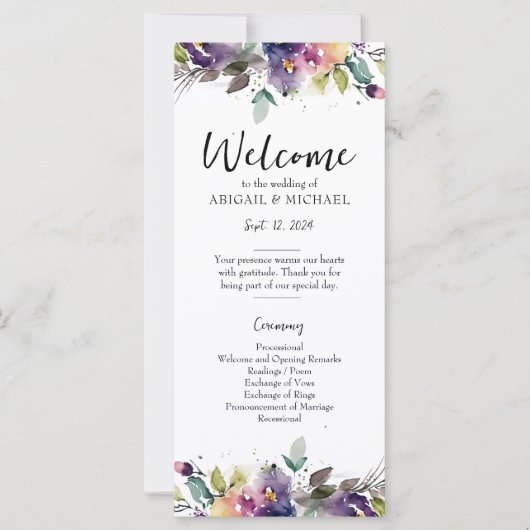 Abstraktes Aquarell-Blumen-Hochzeitsprogramm (Vorderseite)