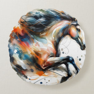 Abstraktes Aquarell Galoppierendes Pferd Rundes Kissen