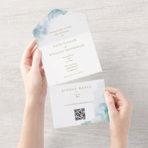 Abstraktes Aquarell-Gold-Glitter-QR-Code-Hochzeit All In One Einladung