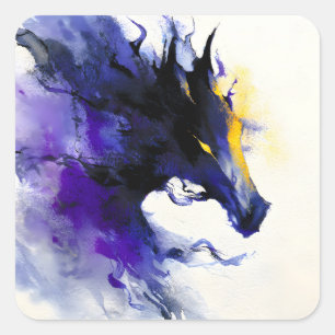 Abstraktes Aquarellbild Schwarzes Pferd Portrait Quadratischer Aufkleber