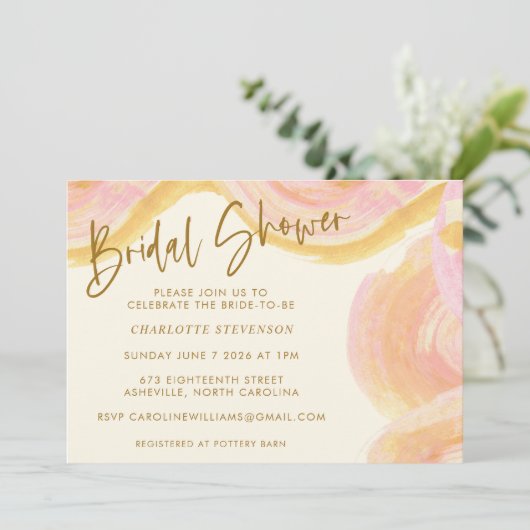 Abstraktes Aquarellfarbenpinsel Swirl Rosa Brautpa Einladung (Stehend Vorderseite)