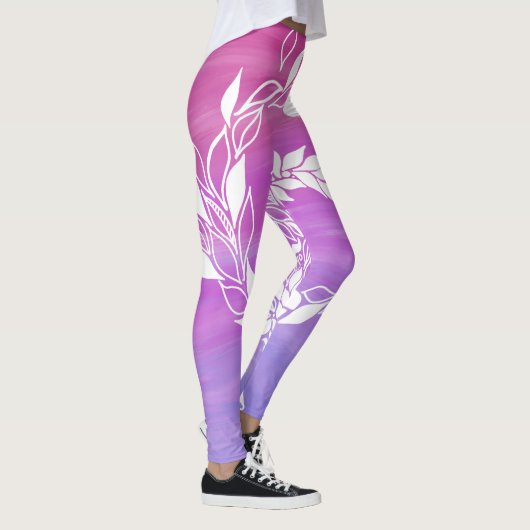 Abstraktes Blattdesign im rosa Hintergrund Leggings (Rechts)