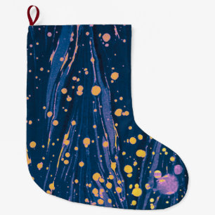 ABSTRAKTES BLAU-MARKIERTES PAPIER MIT GOLDSPLASHEN GROßER WEIHNACHTSSTRUMPF