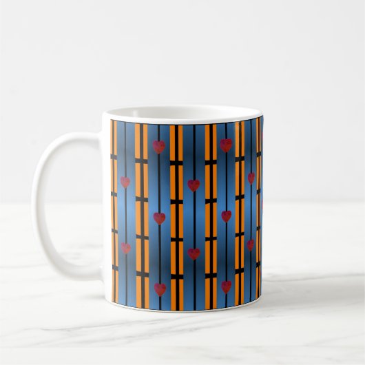 Abstraktes Blau-Orange-Gittermuster mit roten Herz Kaffeetasse (Links)