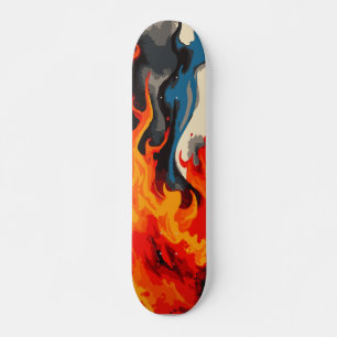 Abstraktes Blau, Orange und Rotes Feuer mit Rauch Skateboard