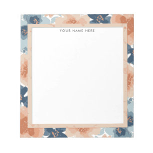 Abstraktes Blau, Pfirsich, Oranges Blumendesign Notizblock
