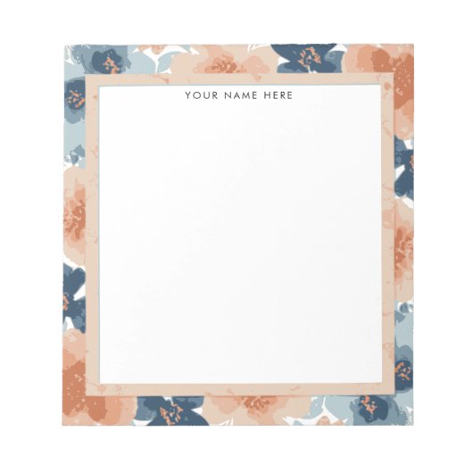 Abstraktes Blau, Pfirsich, Oranges Blumendesign Notizblock (Vorderseite)