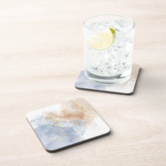 Abstraktes Blau, Taupe und Gold Getränkeuntersetzer (Rechte Seite)