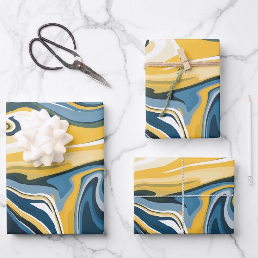 Abstraktes Blau- und Gelbblütenmuster Geschenkpapier Set (Vorderseite)