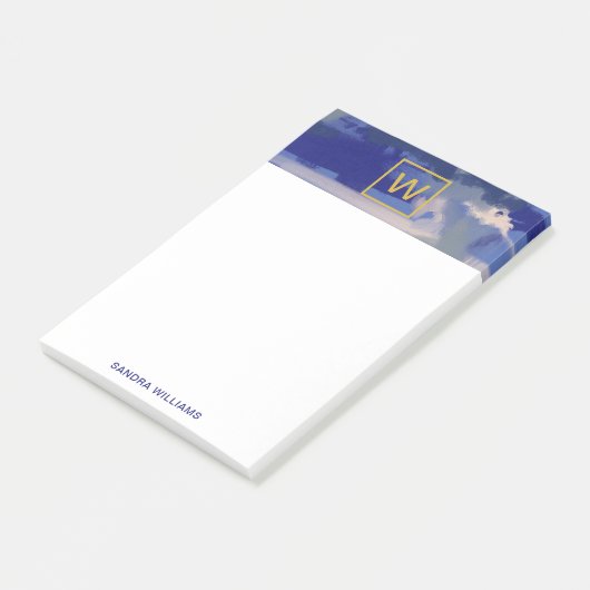 Abstraktes Blau und Gold Monogram Post-it Klebezettel (angewinkelt)