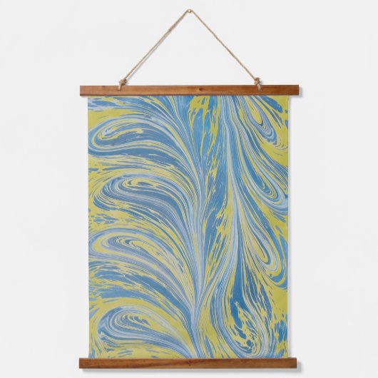 Abstraktes Blau und Gold Wandteppich Mit Holzrahmen (Vorderseite)