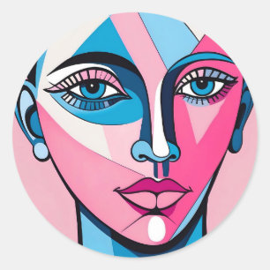 Abstraktes Blau und Rosa Face Art Runder Aufkleber